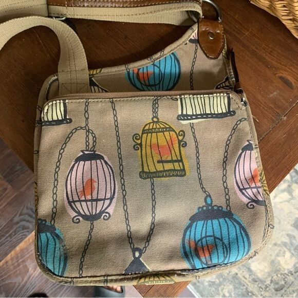 Fossil Canvas Leather Birdcage Messenger Crossbody Bag Tan - Picture 3 of 8